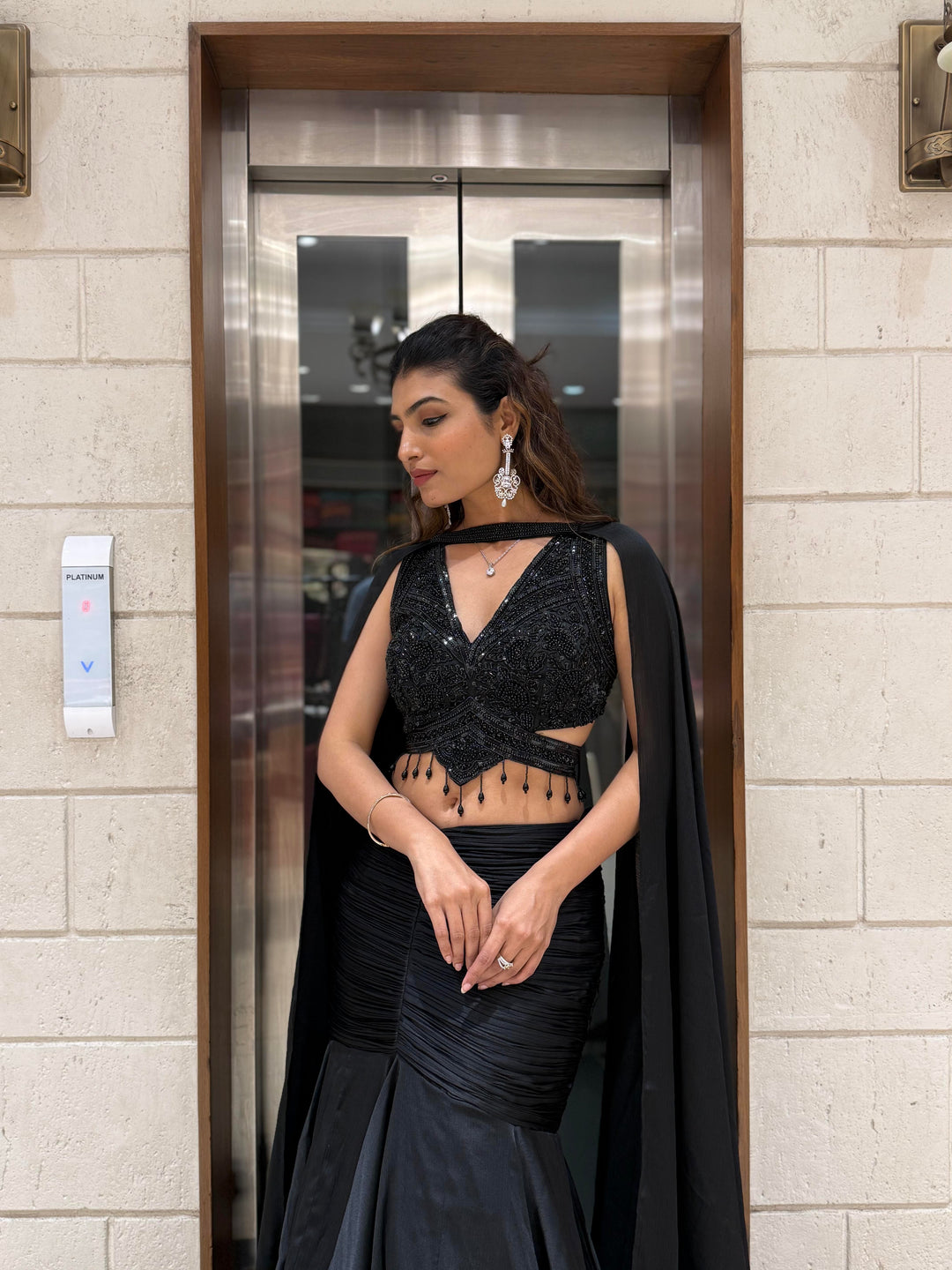 Midnight Black Indo-Western Mermaid Gown with Sequin Corset & Draped Cape Sleeves