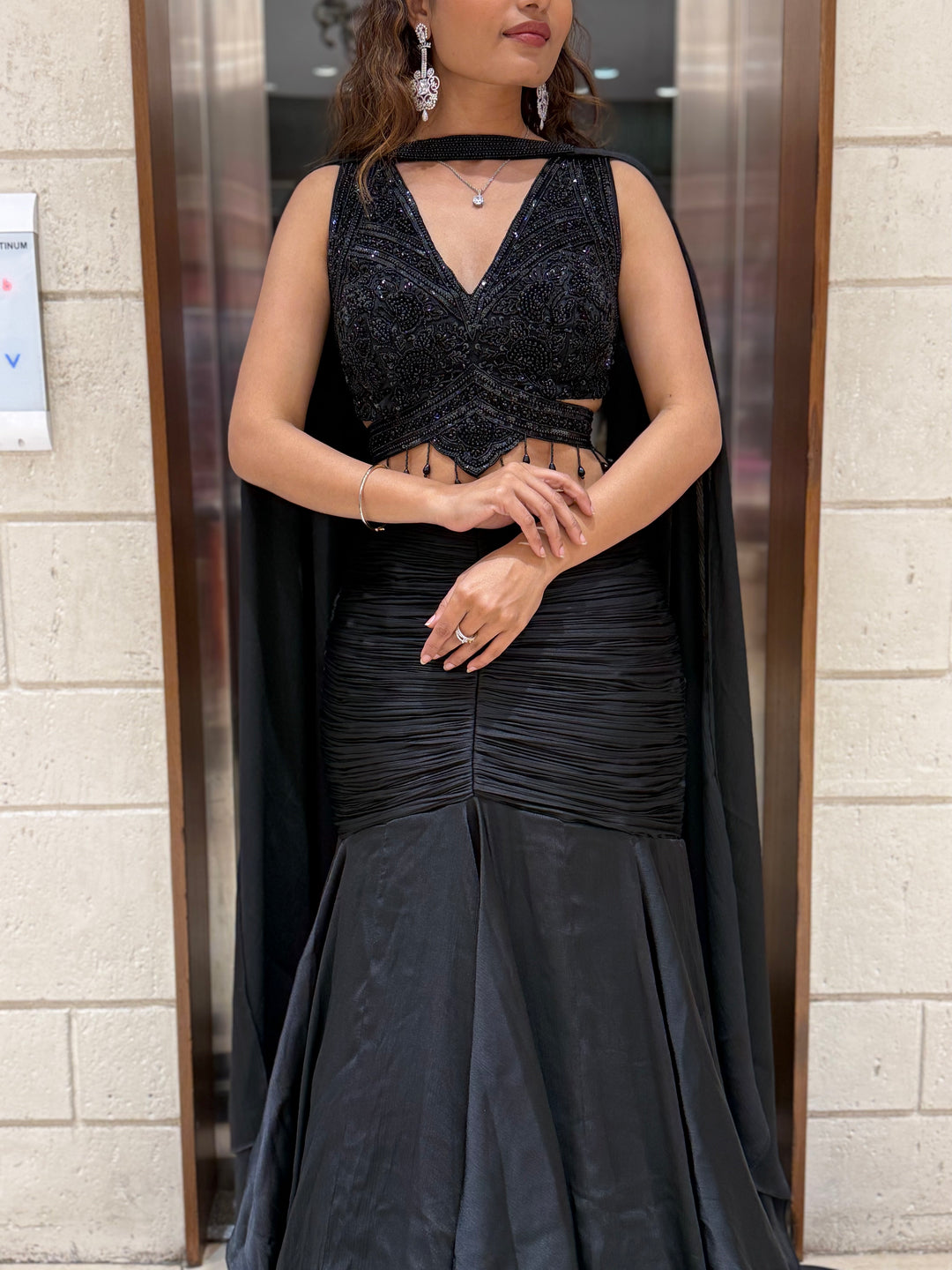 Midnight Black Indo-Western Mermaid Gown with Sequin Corset & Draped Cape Sleeves