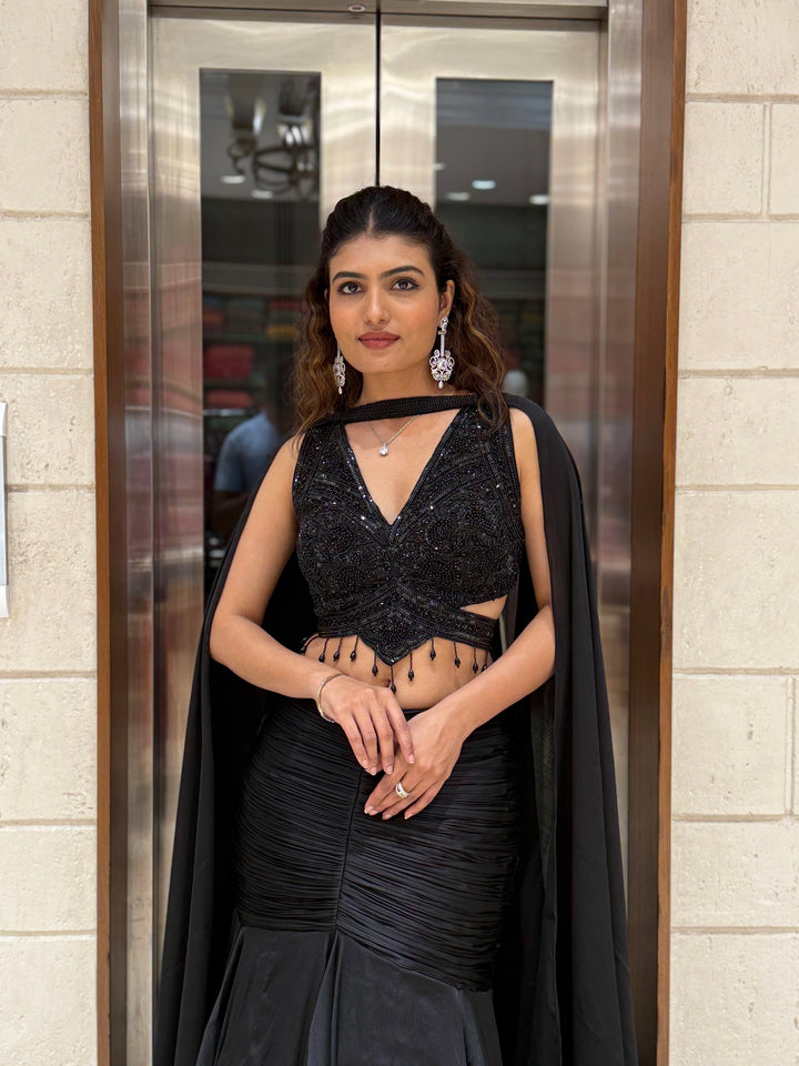 Midnight Black Indo-Western Mermaid Gown with Sequin Corset & Draped Cape Sleeves