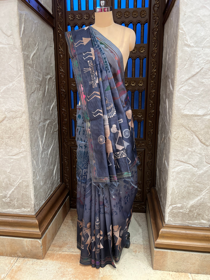 Handcrafted Grey Cotton Saree with Warli Art Print Ethnic Tribal Design