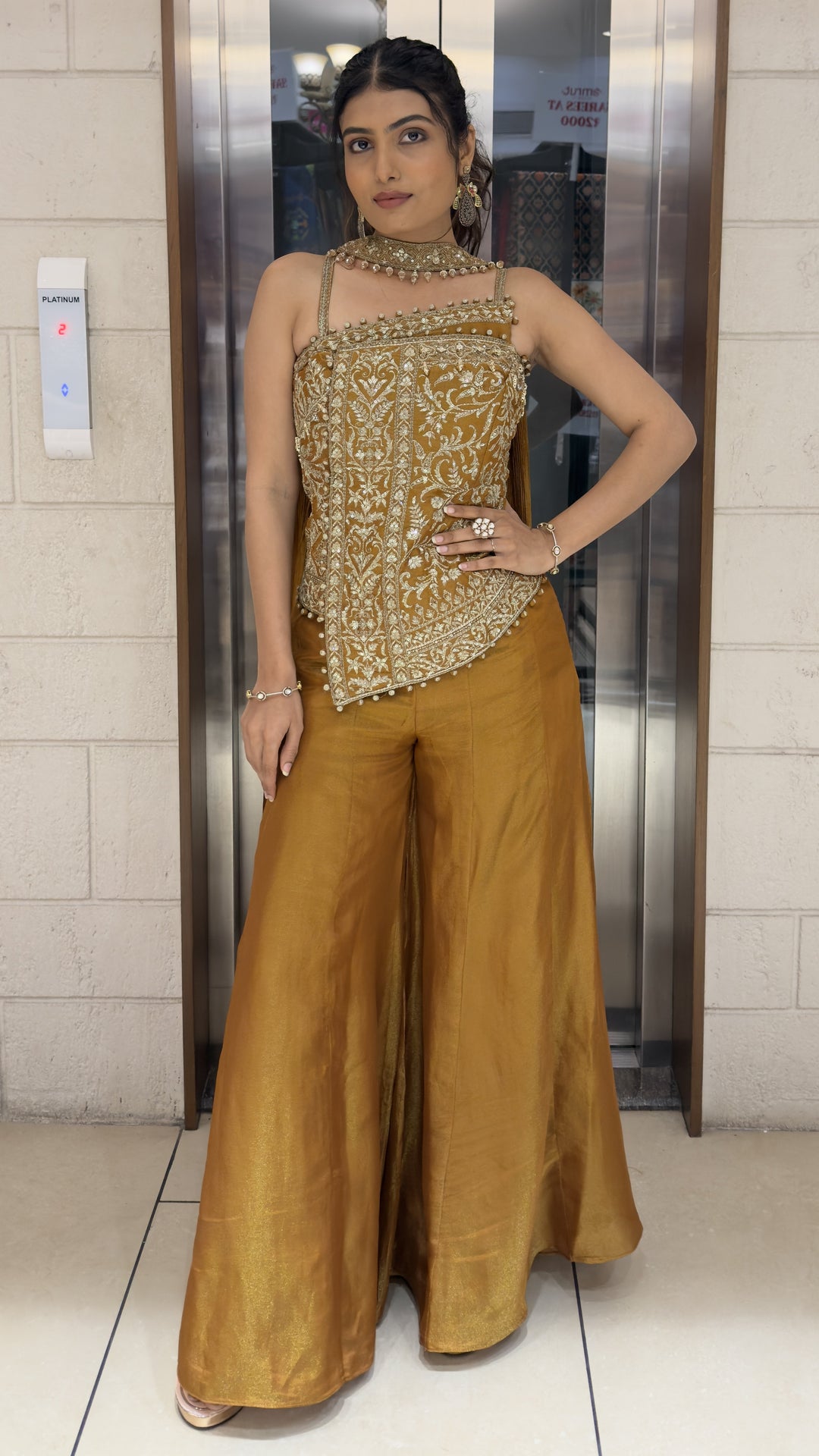 Mustard Gold Embroidered Indo-Western Corset Palazzo Set with Choker Dupatta
