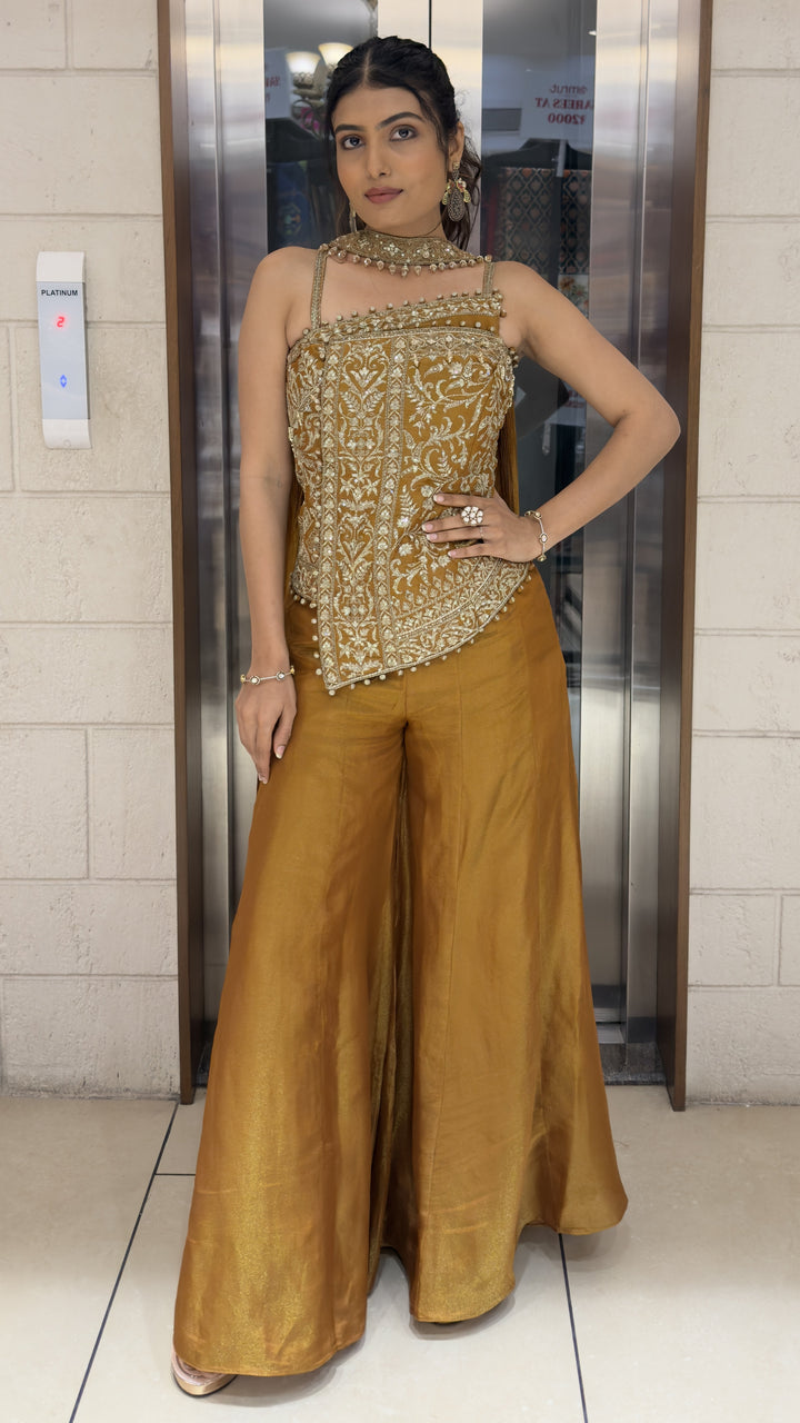 Mustard Gold Embroidered Indo-Western Corset Palazzo Set with Choker Dupatta