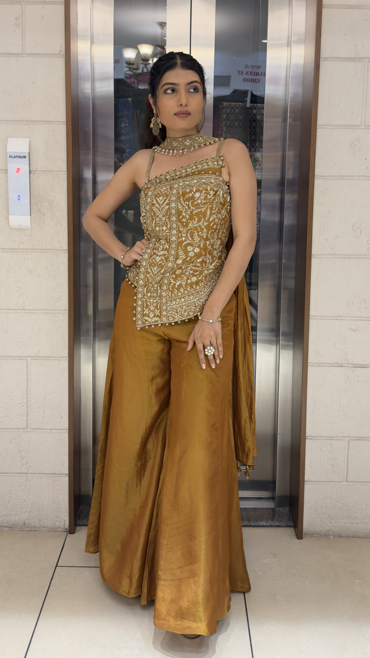 Mustard Gold Embroidered Indo-Western Corset Palazzo Set with Choker Dupatta