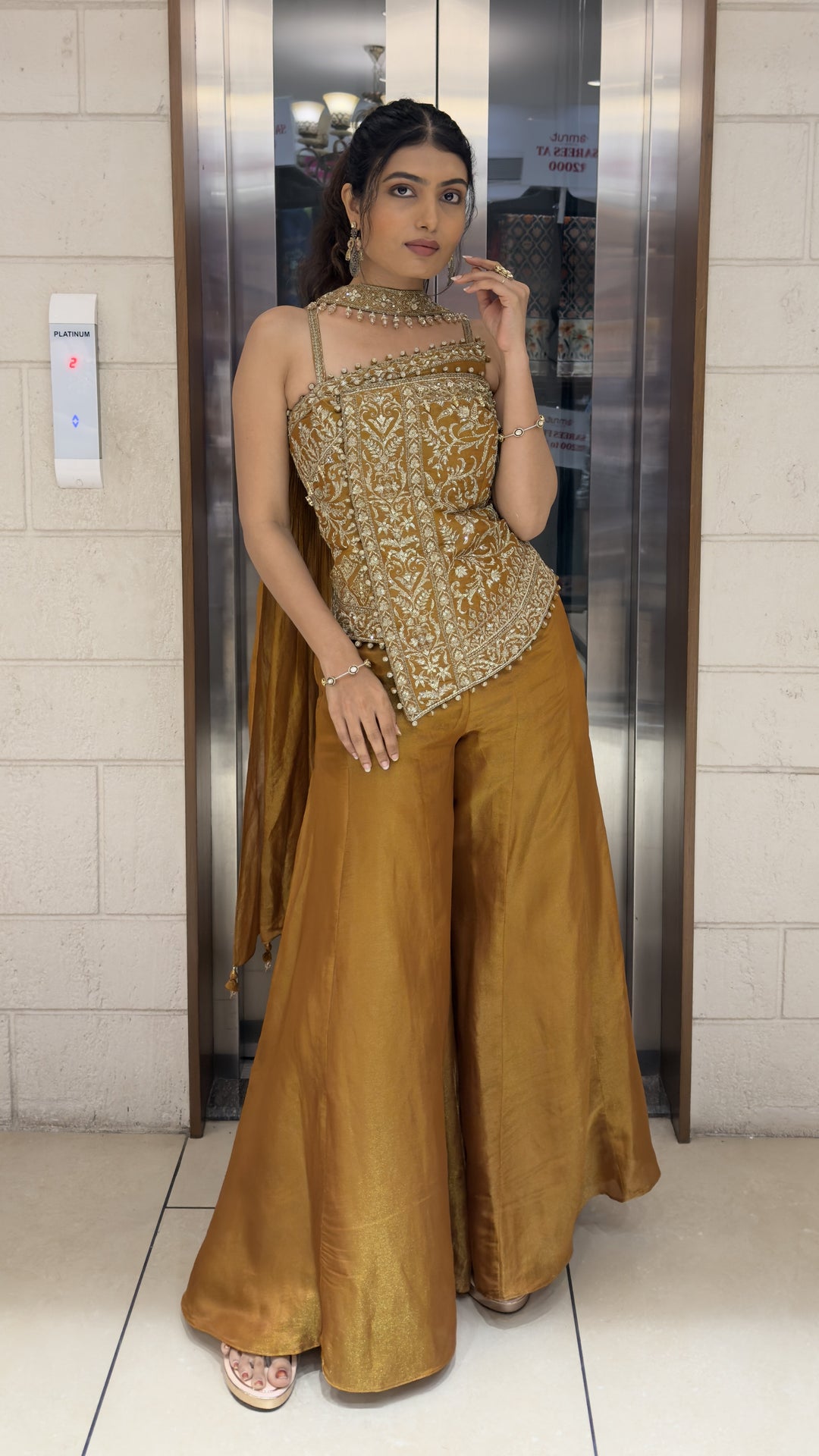 Mustard Gold Embroidered Indo-Western Corset Palazzo Set with Choker Dupatta