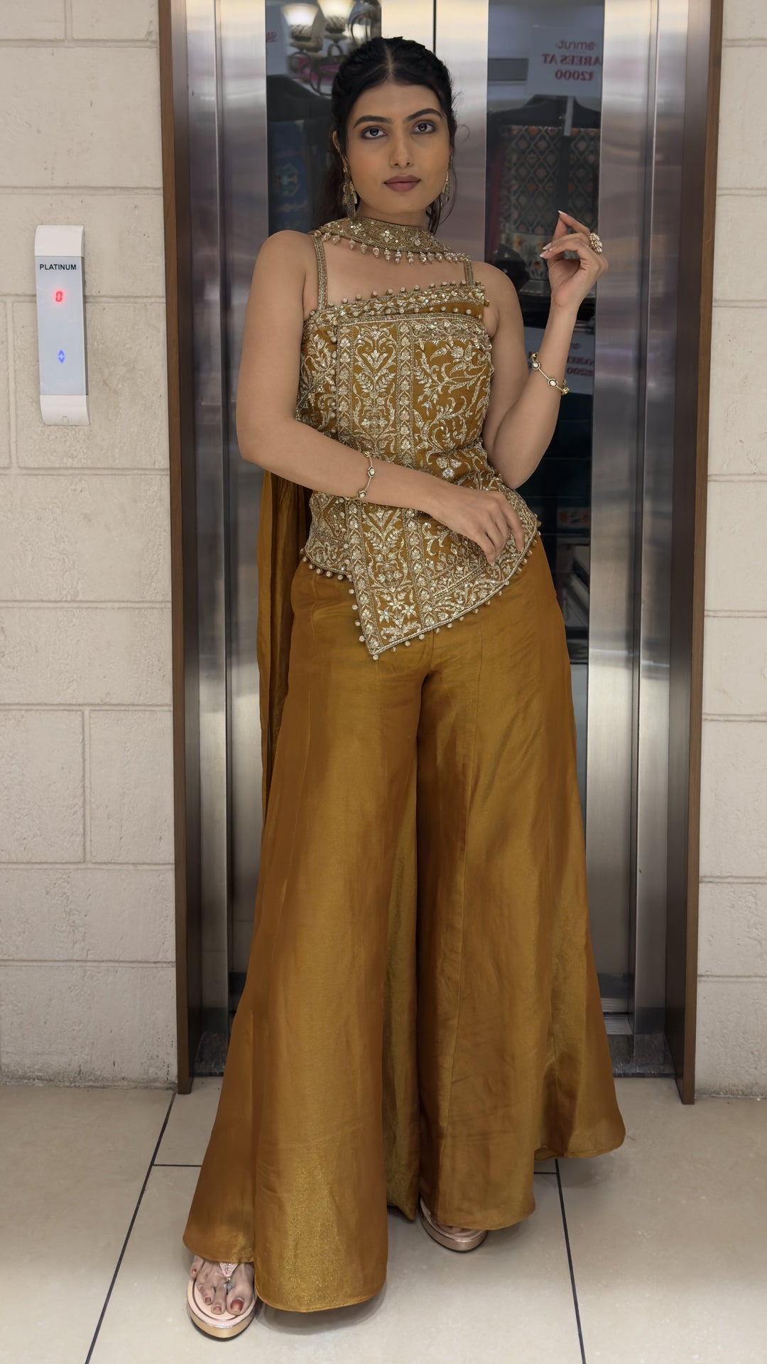 Mustard Gold Embroidered Indo-Western Corset Palazzo Set with Choker Dupatta