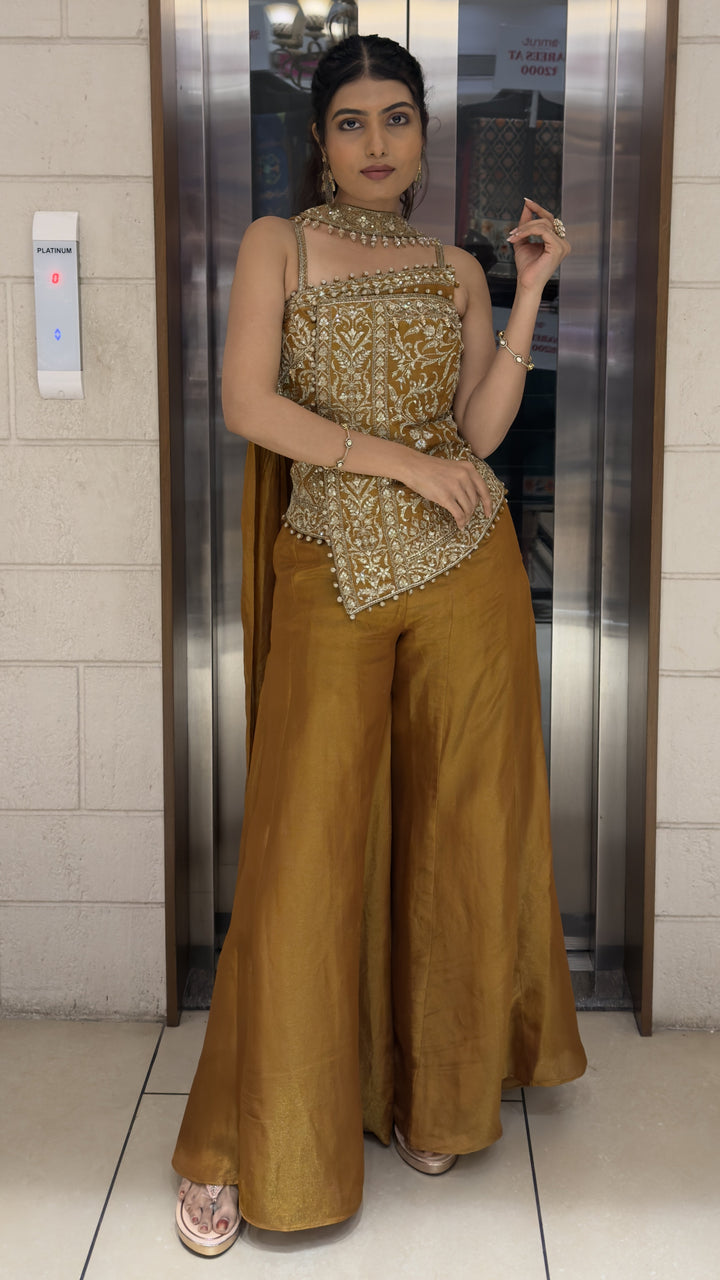 Mustard Gold Embroidered Indo-Western Corset Palazzo Set with Choker Dupatta