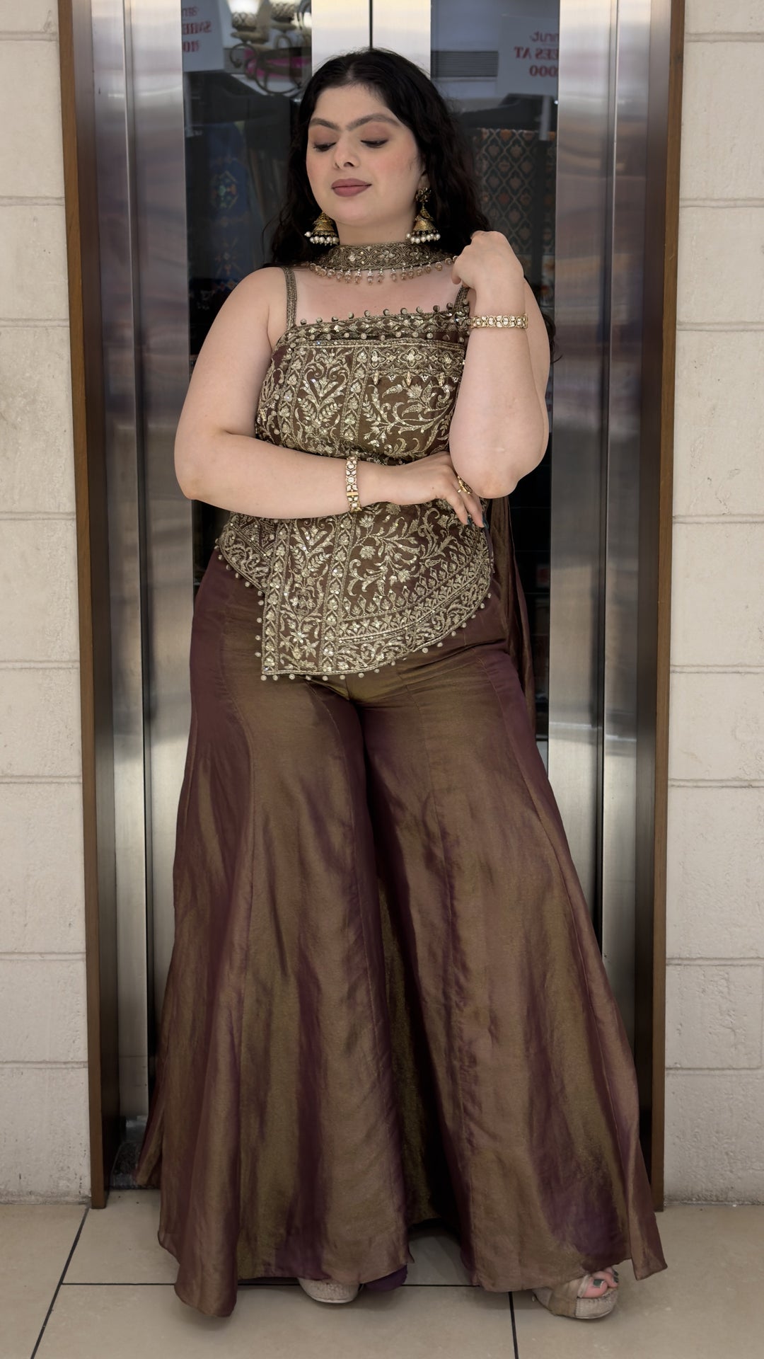 Coffee Brown Embroidered Indo-Western Corset Palazzo Set with Choker Dupatta