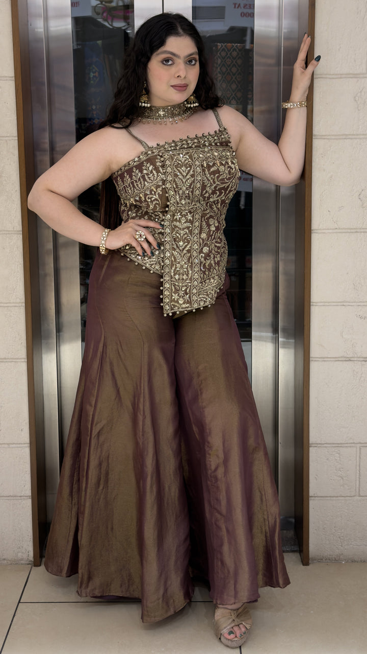 Coffee Brown Embroidered Indo-Western Corset Palazzo Set with Choker Dupatta