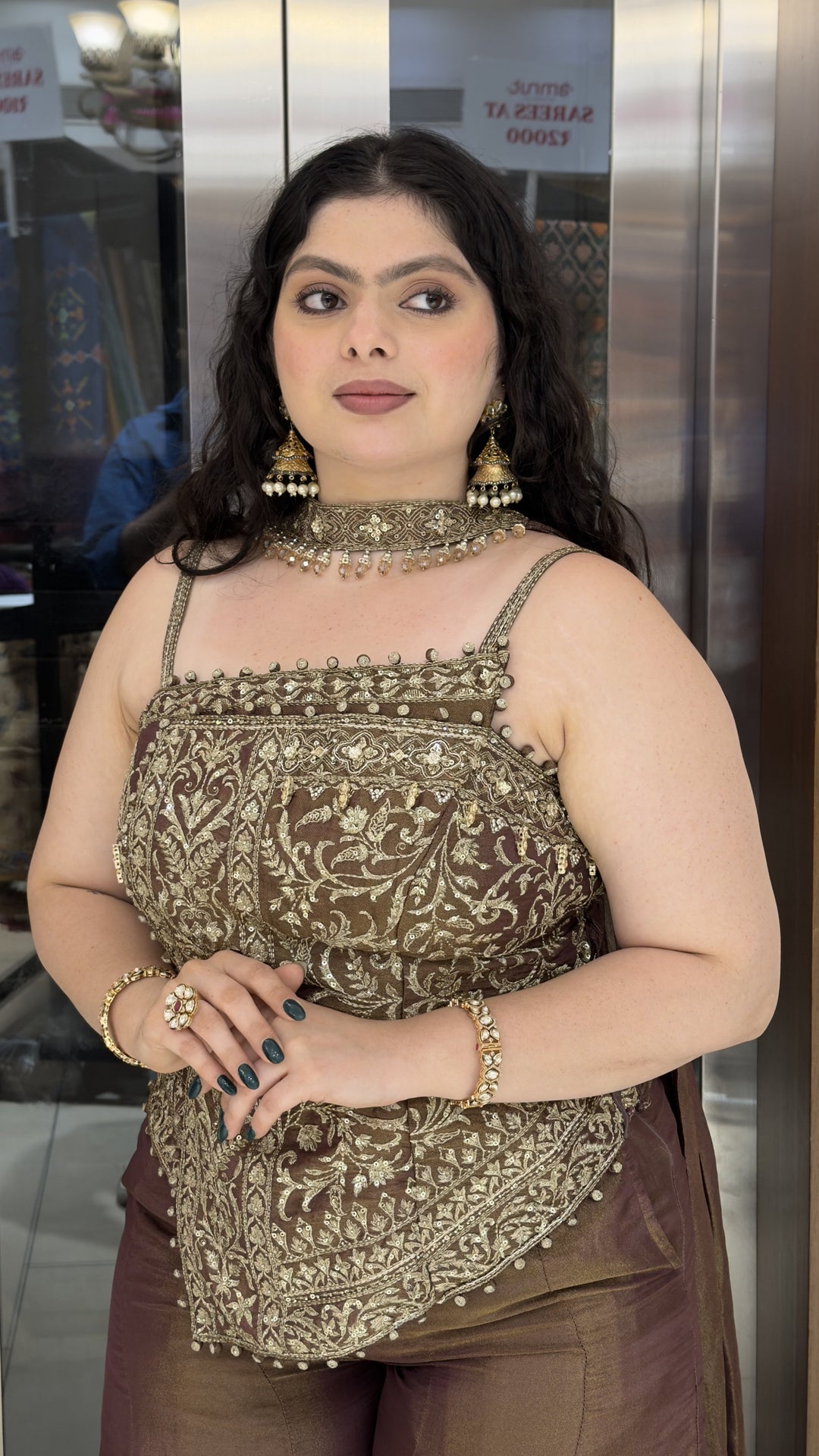 Coffee Brown Embroidered Indo-Western Corset Palazzo Set with Choker Dupatta