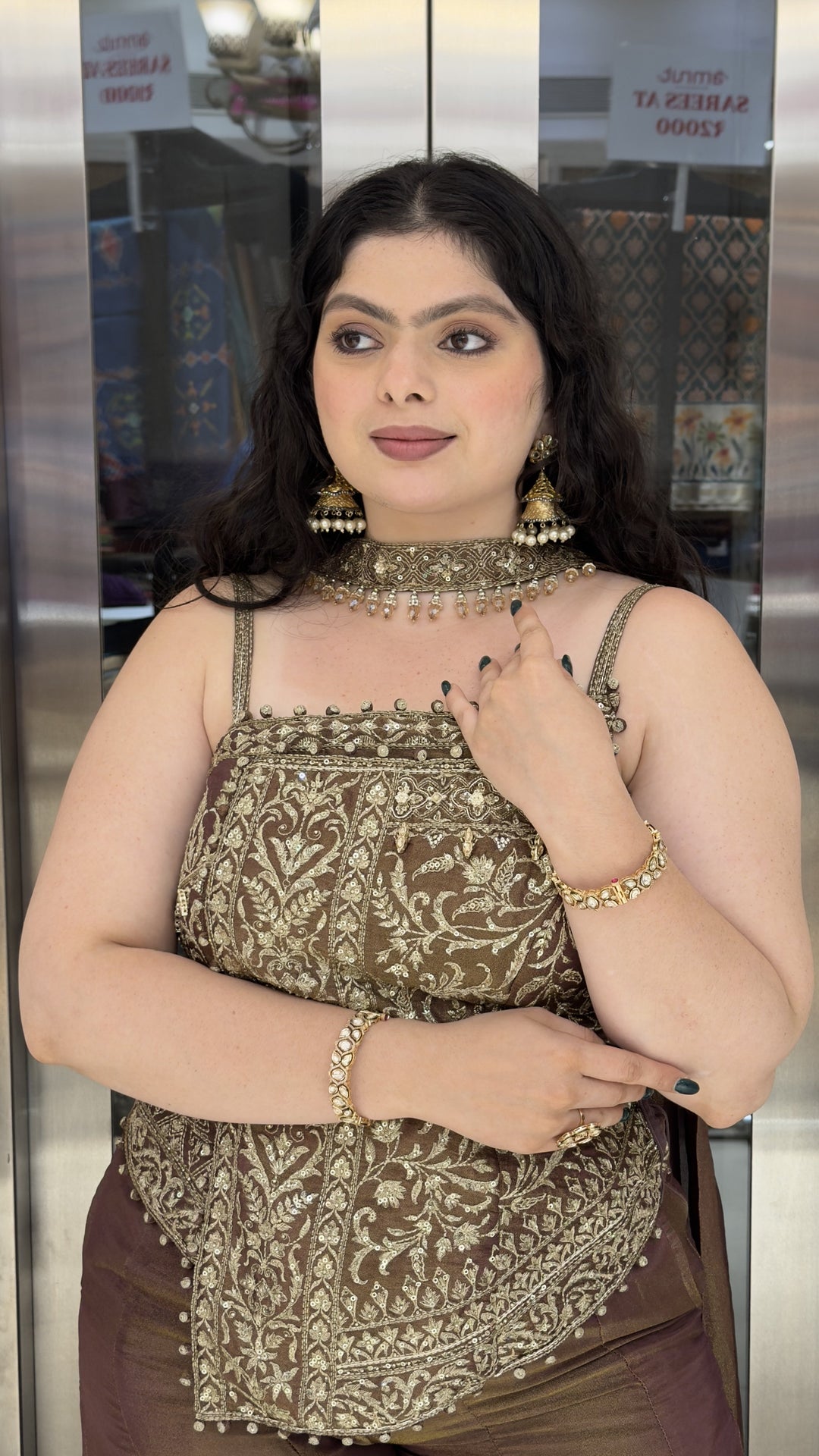 Coffee Brown Embroidered Indo-Western Corset Palazzo Set with Choker Dupatta