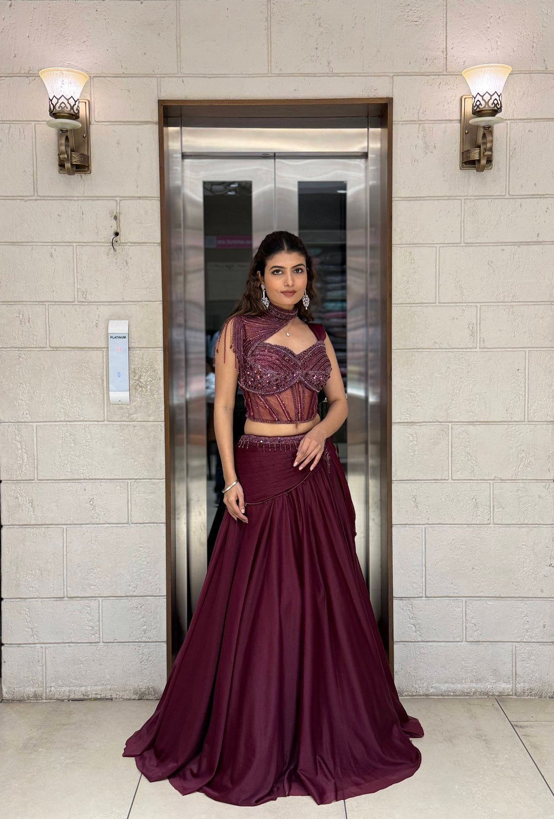 Wine Maroon Indo-Western Lehenga Set With Beaded Corset Blouse & Drape Dupatta 36 Wine Maroon Indo-Western Lehenga Set With Beaded Corset Blouse & Drape Dupatta 36