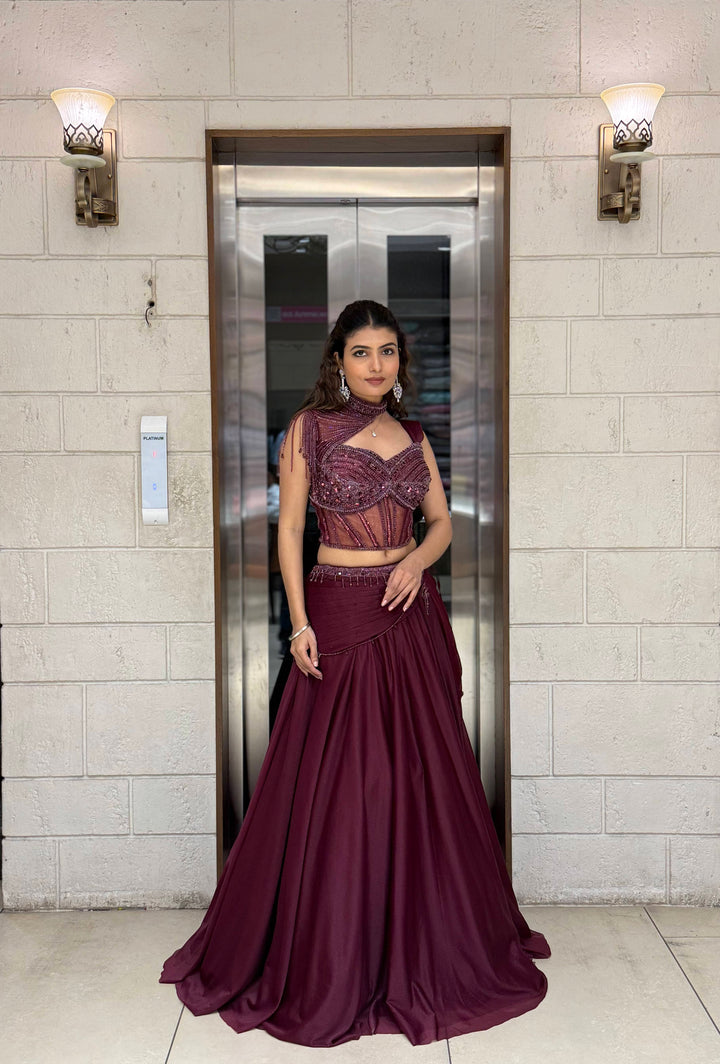 Wine Maroon Indo-Western Lehenga Set with Beaded Corset Blouse & Drape Dupatta