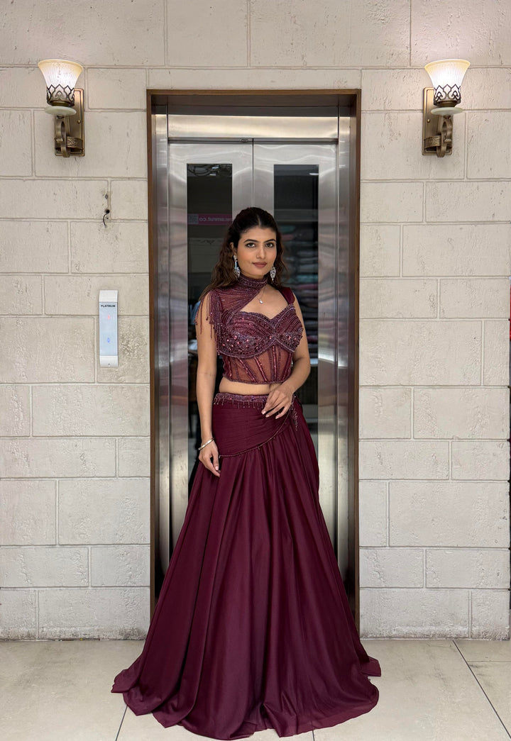 Wine Maroon Indo-Western Lehenga Set with Beaded Corset Blouse & Drape Dupatta