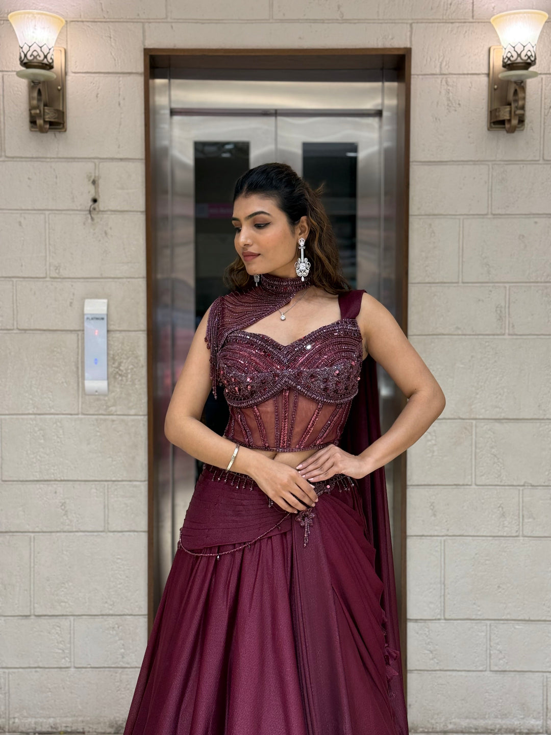 Wine Maroon Indo-Western Lehenga Set with Beaded Corset Blouse & Drape Dupatta