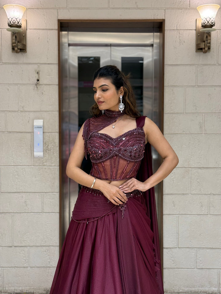 Wine Maroon Indo-Western Lehenga Set with Beaded Corset Blouse & Drape Dupatta
