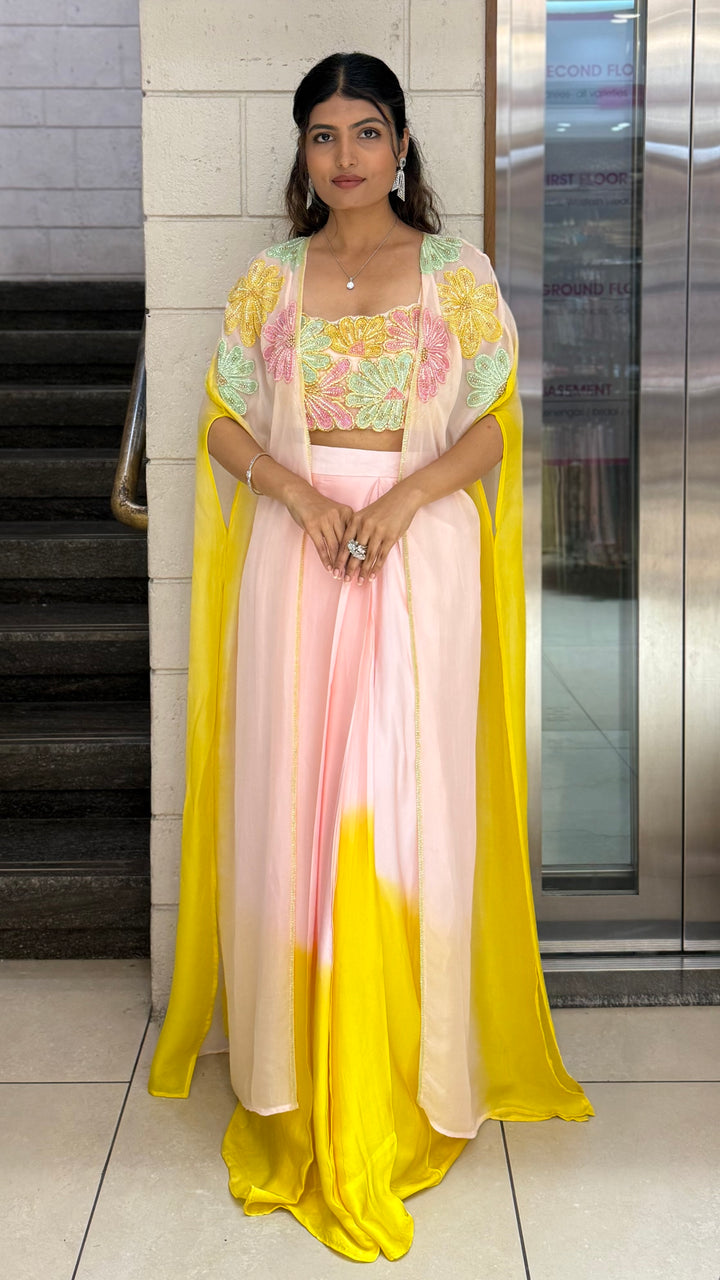 Premium Pastel Ombre Draped Indo-Western Set with Embroidered Blouse
