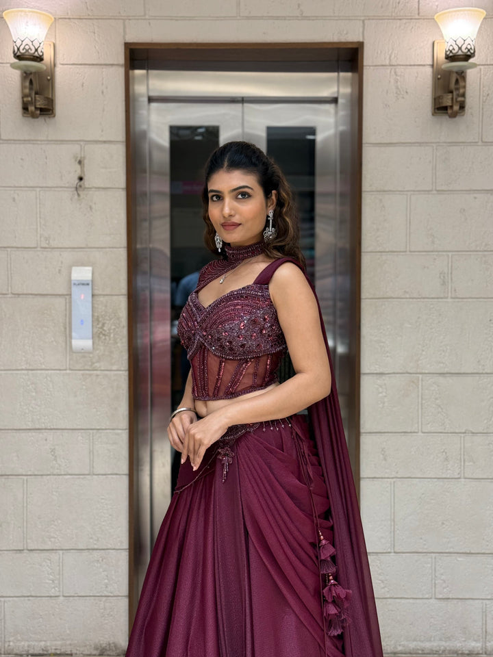 Wine Maroon Indo-Western Lehenga Set with Beaded Corset Blouse & Drape Dupatta