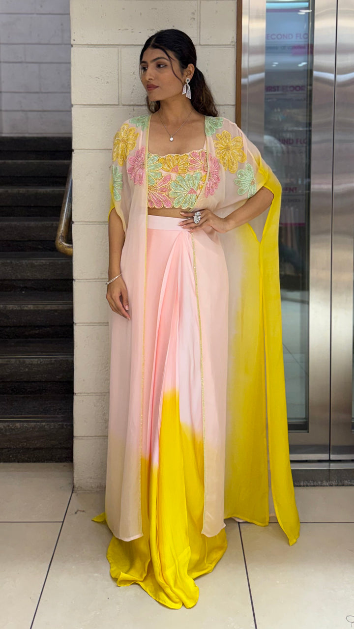 Premium Pastel Ombre Draped Indo-Western Set with Embroidered Blouse