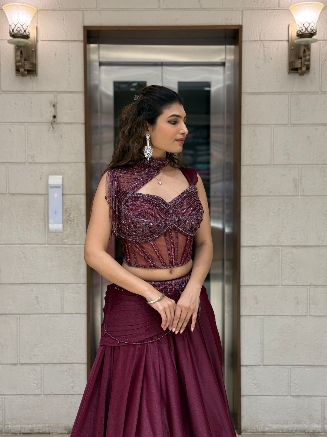Wine Maroon Indo-Western Lehenga Set with Beaded Corset Blouse & Drape Dupatta