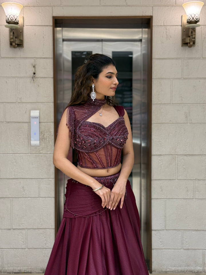 Wine Maroon Indo-Western Lehenga Set with Beaded Corset Blouse & Drape Dupatta