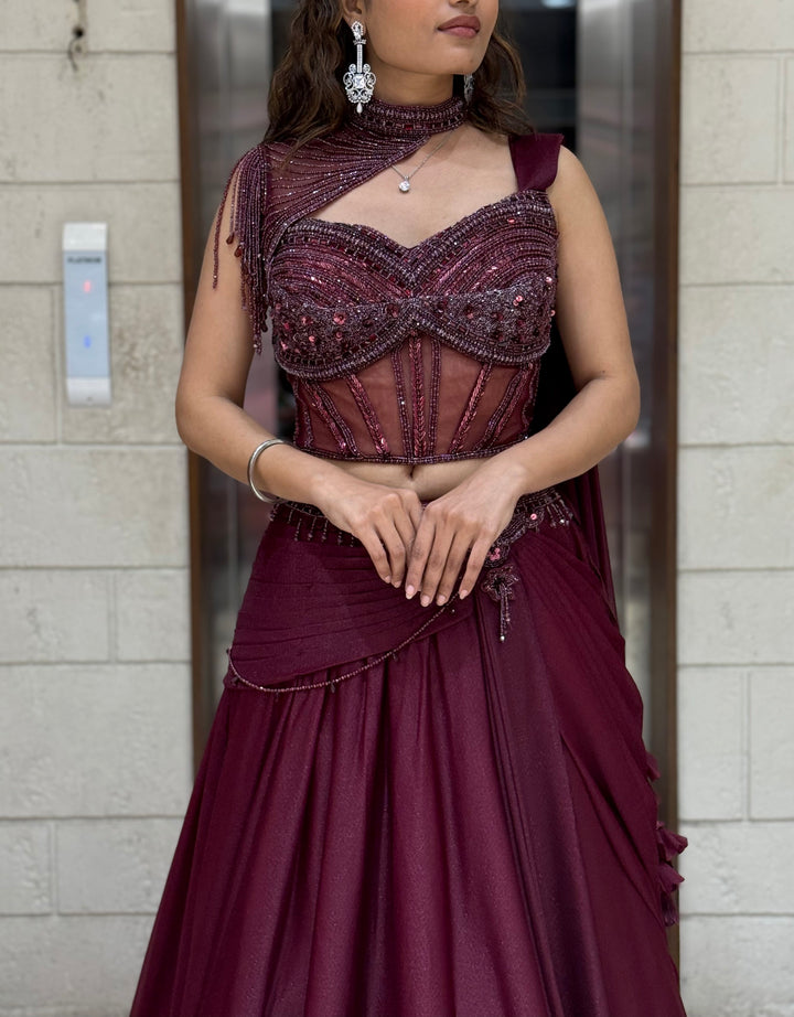 Wine Maroon Indo-Western Lehenga Set with Beaded Corset Blouse & Drape Dupatta