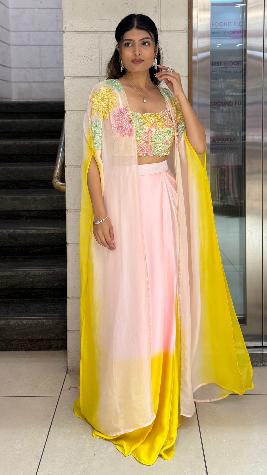 Premium Pastel Ombre Draped Indo-Western Set with Embroidered Blouse