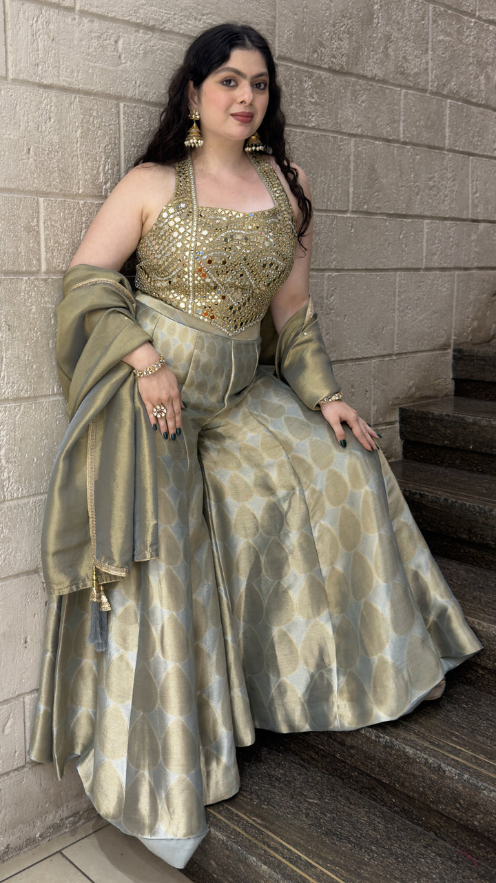 Sage Green Mirror Embellished Halter Top with Jacquard Palazzo & Dupatta Set