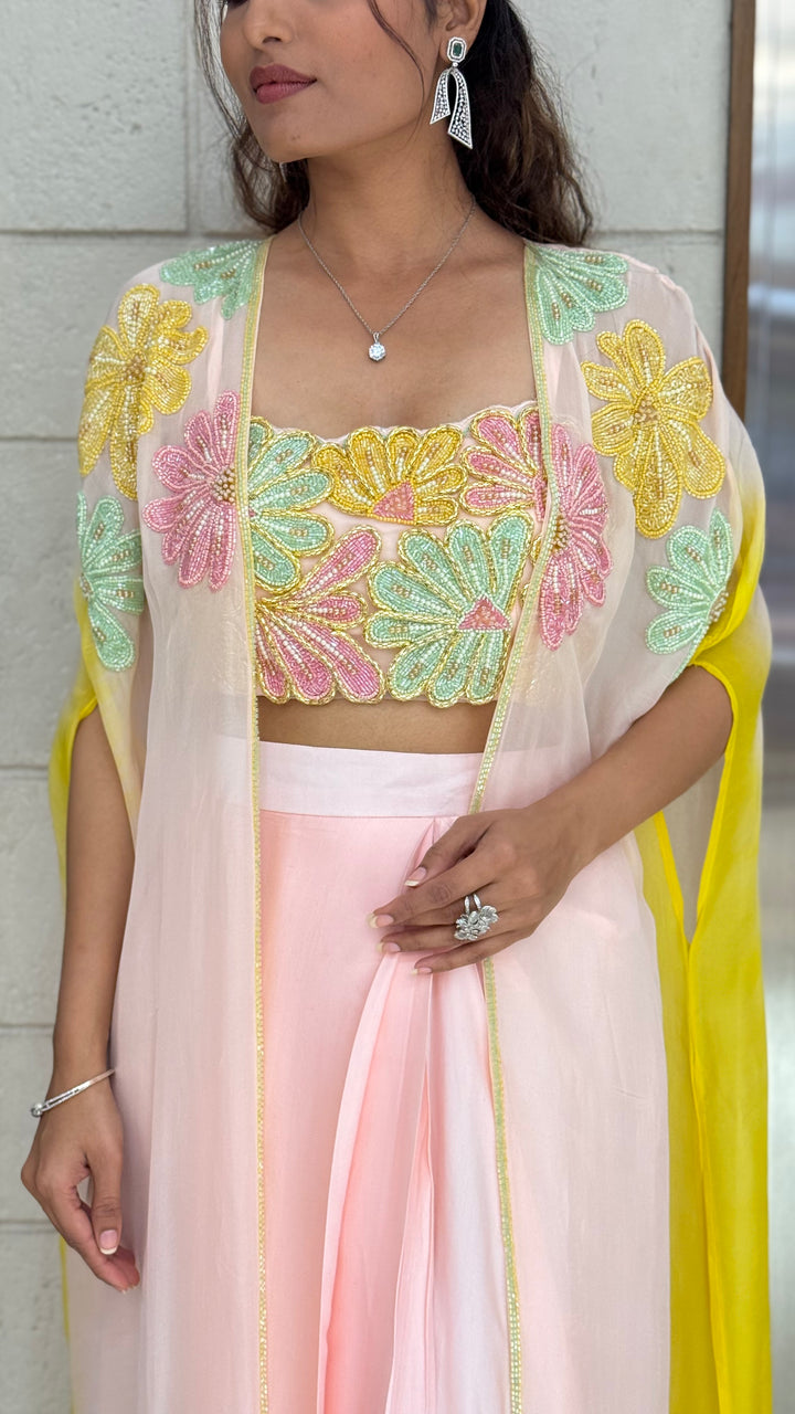 Premium Pastel Ombre Draped Indo-Western Set with Embroidered Blouse