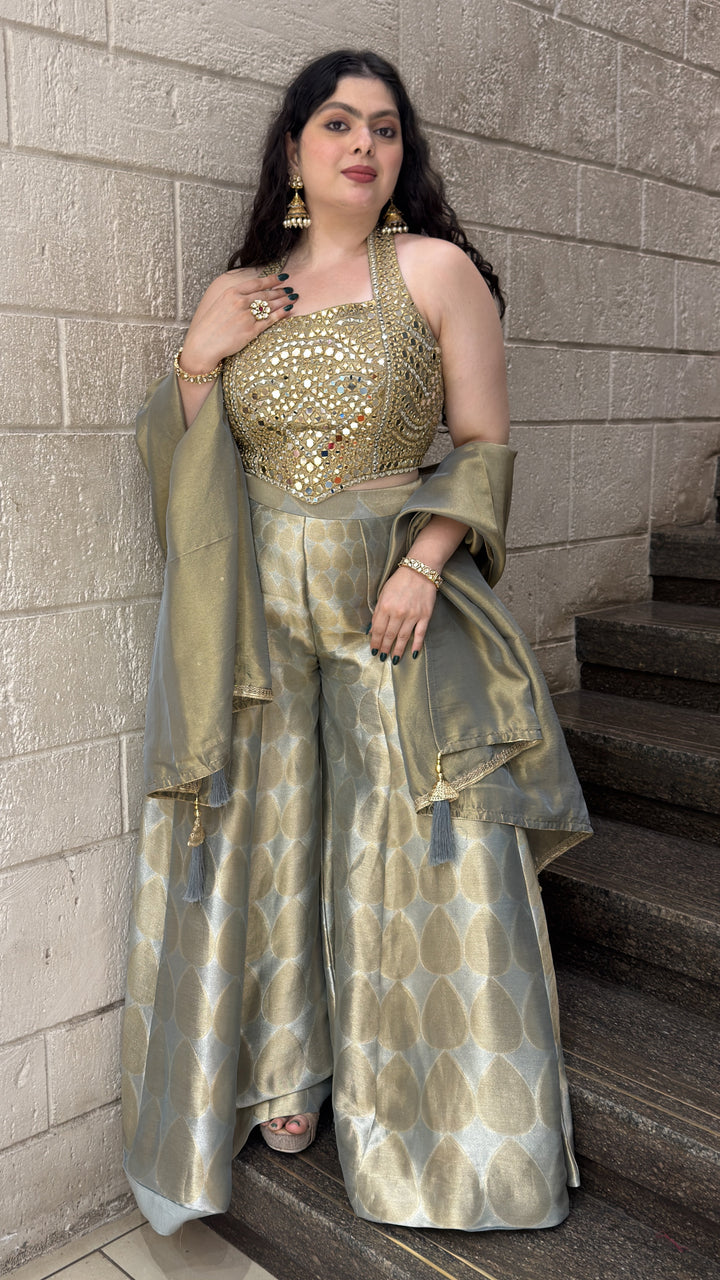 Sage Green Mirror Embellished Halter Top with Jacquard Palazzo & Dupatta Set