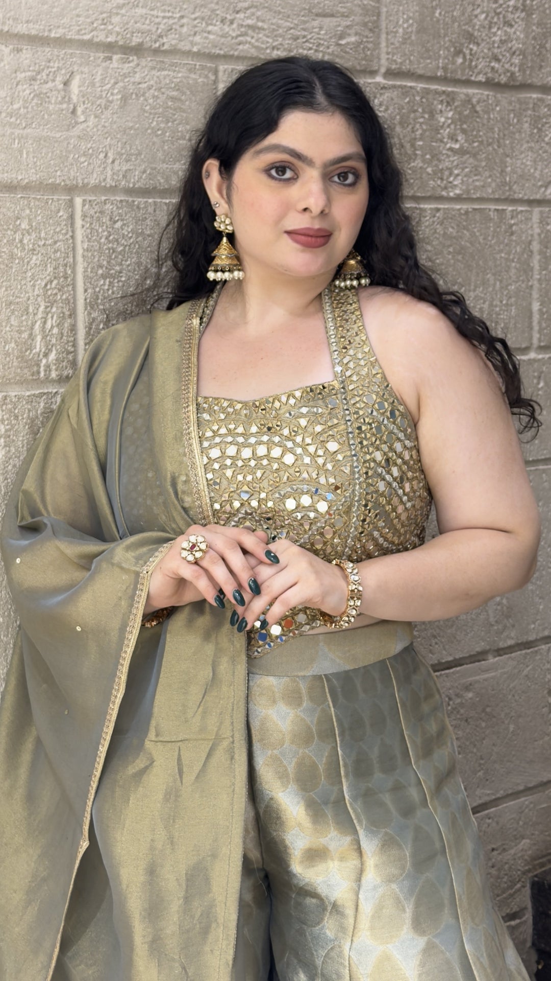 Sage Green Mirror Embellished Halter Top with Jacquard Palazzo & Dupatta Set