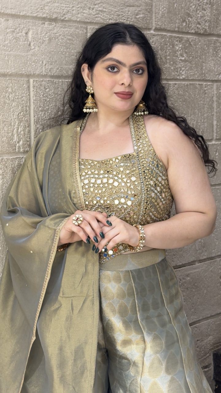 Sage Green Mirror Embellished Halter Top with Jacquard Palazzo & Dupatta Set