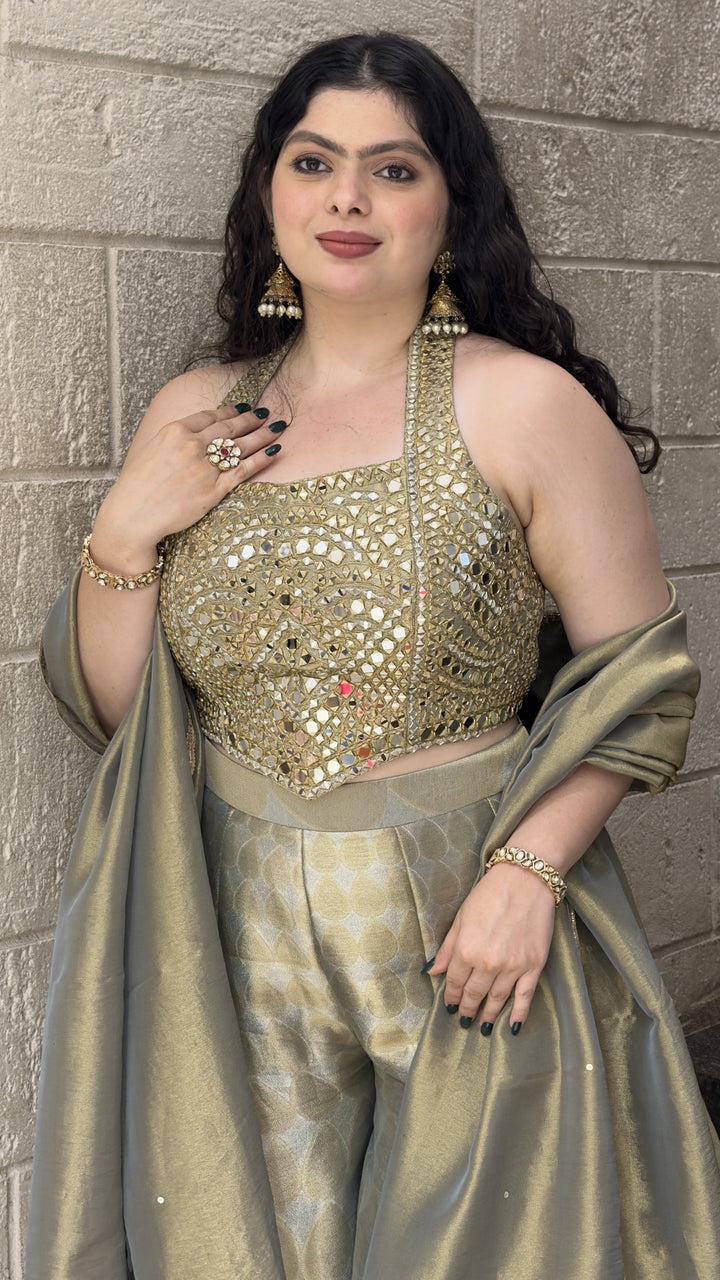 Sage Green Mirror Embellished Halter Top with Jacquard Palazzo & Dupatta Set