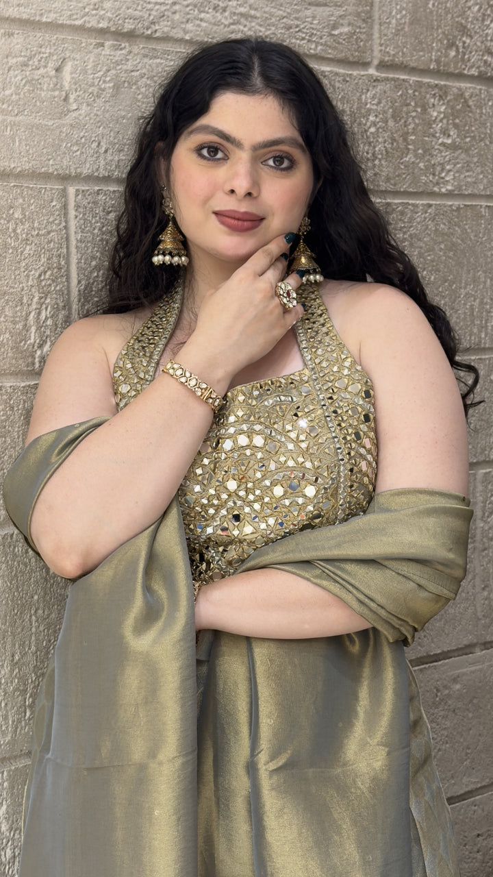 Sage Green Mirror Embellished Halter Top with Jacquard Palazzo & Dupatta Set