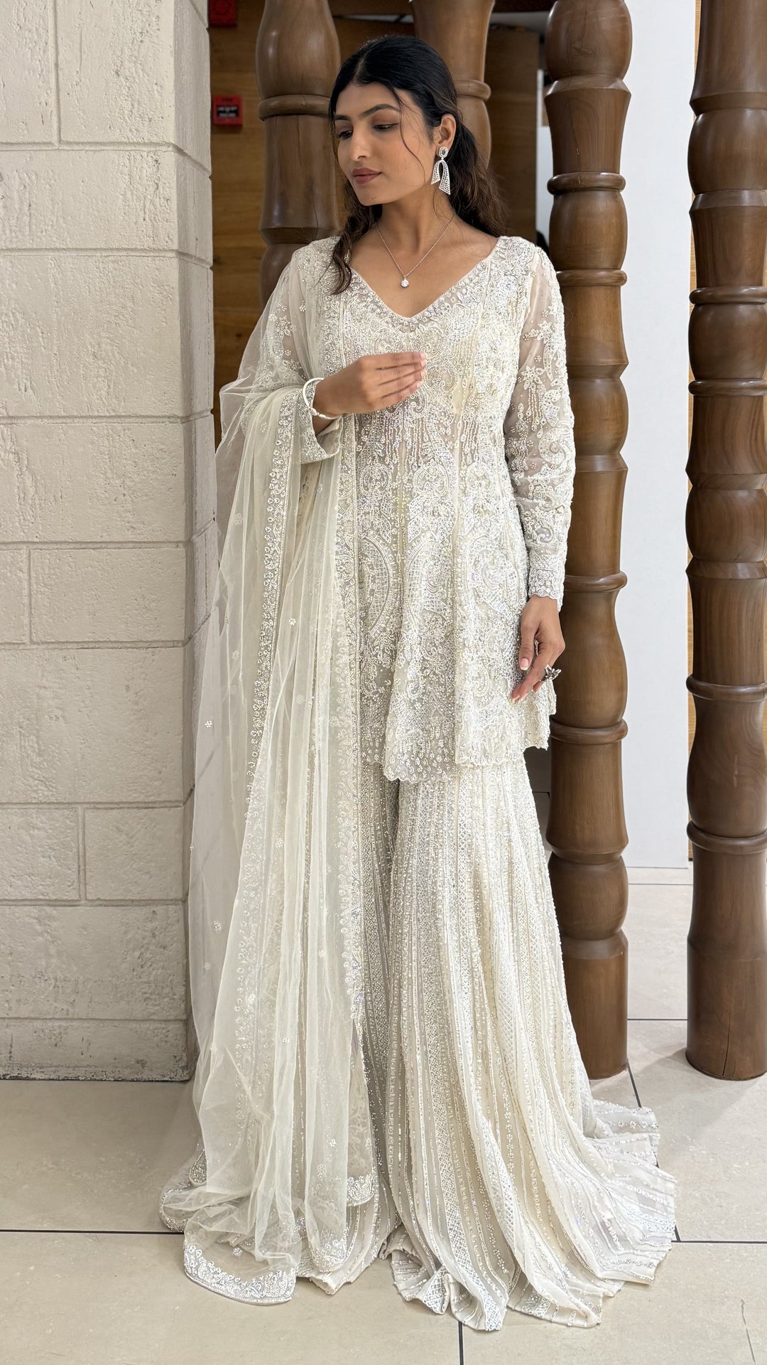 Ivory White Heavy Embroidered Designer Sharara Suit with Dupatta