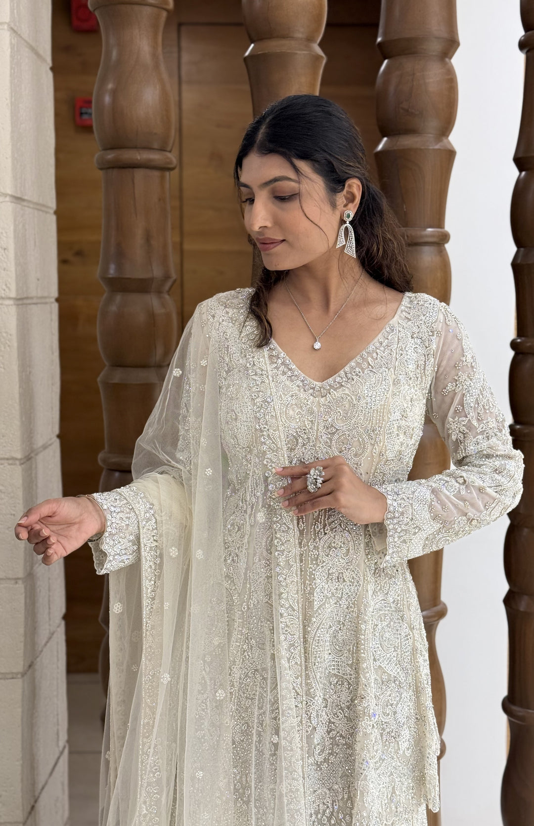 Ivory White Heavy Embroidered Designer Sharara Suit with Dupatta