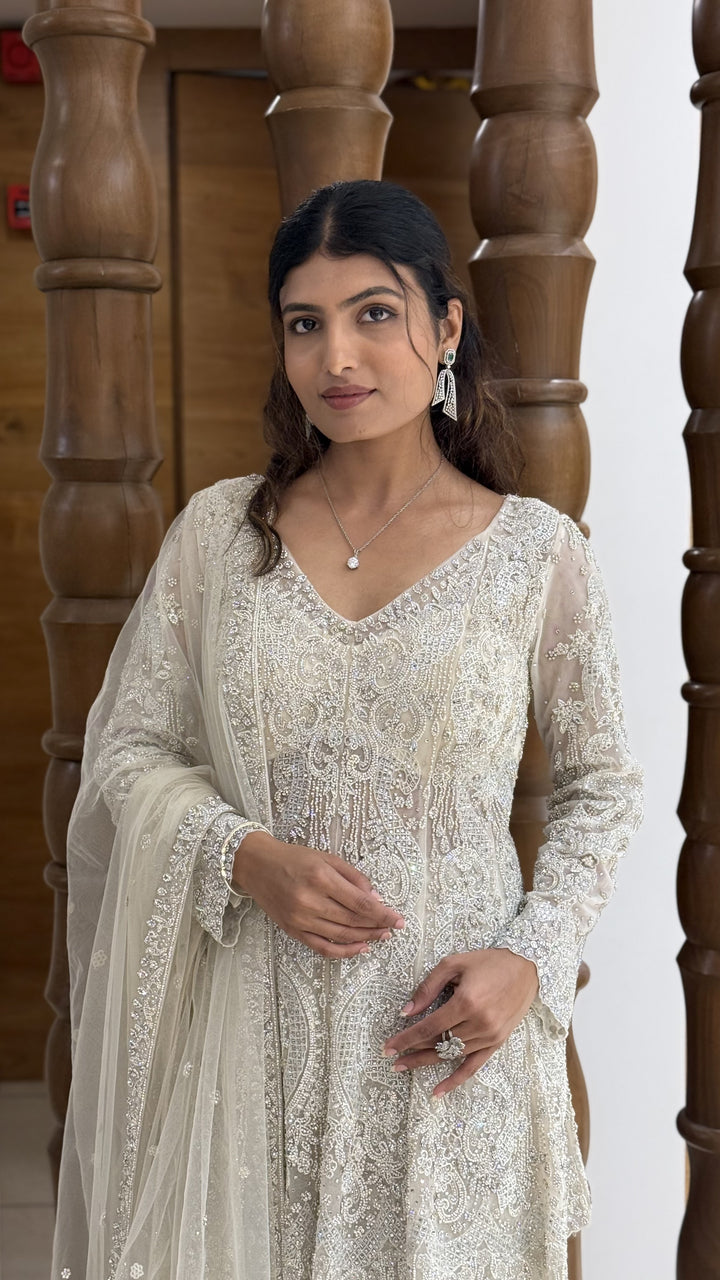 Ivory White Heavy Embroidered Designer Sharara Suit with Dupatta