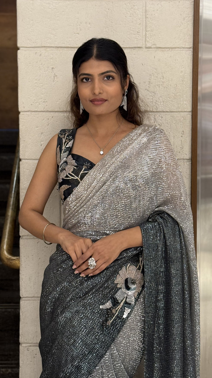 Black Ready-to-Wear Designer Saree with Silver Shimmer & Embellished Blouse