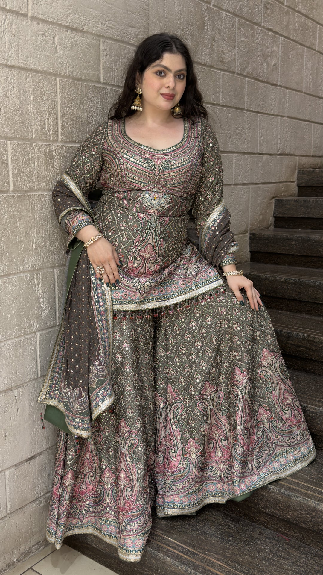 Olive Green Paisley Printed Lehenga Set with Dupatta