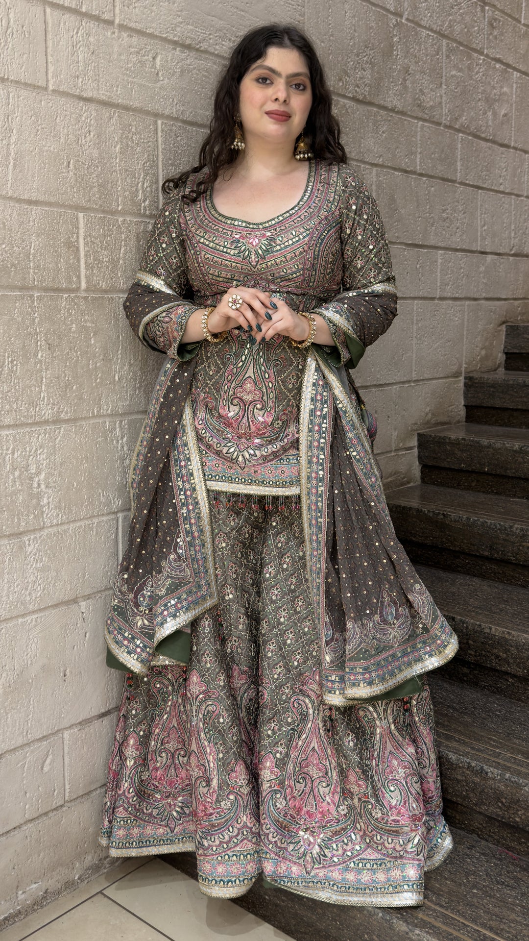 Olive Green Paisley Printed Lehenga Set with Dupatta