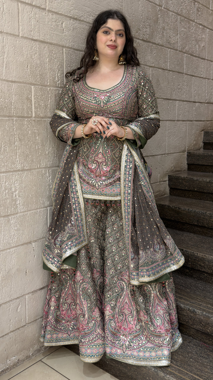 Olive Green Paisley Printed Lehenga Set with Dupatta