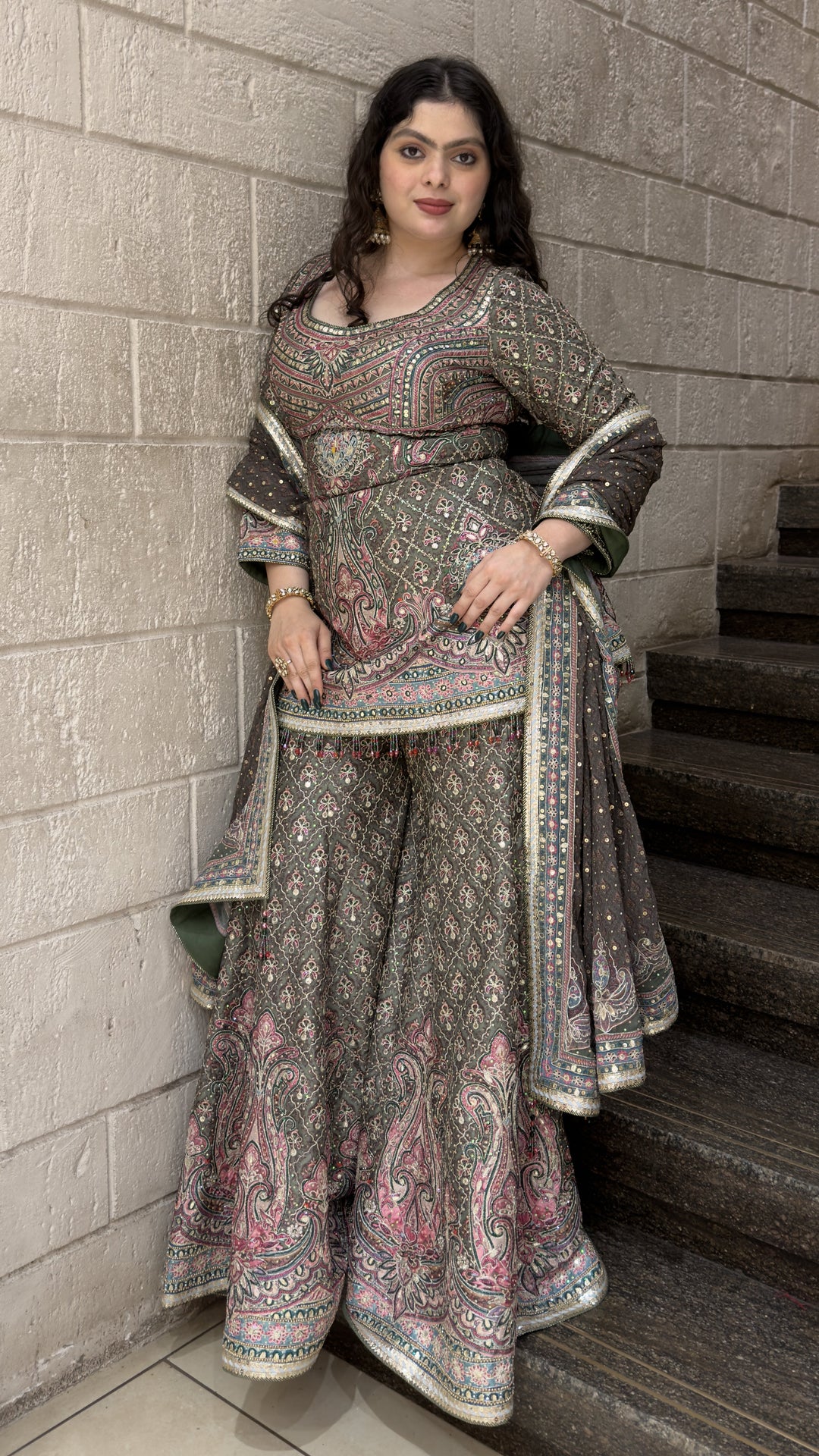 Olive Green Paisley Printed Lehenga Set with Dupatta