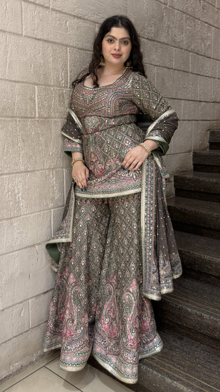 Olive Green Paisley Printed Lehenga Set with Dupatta
