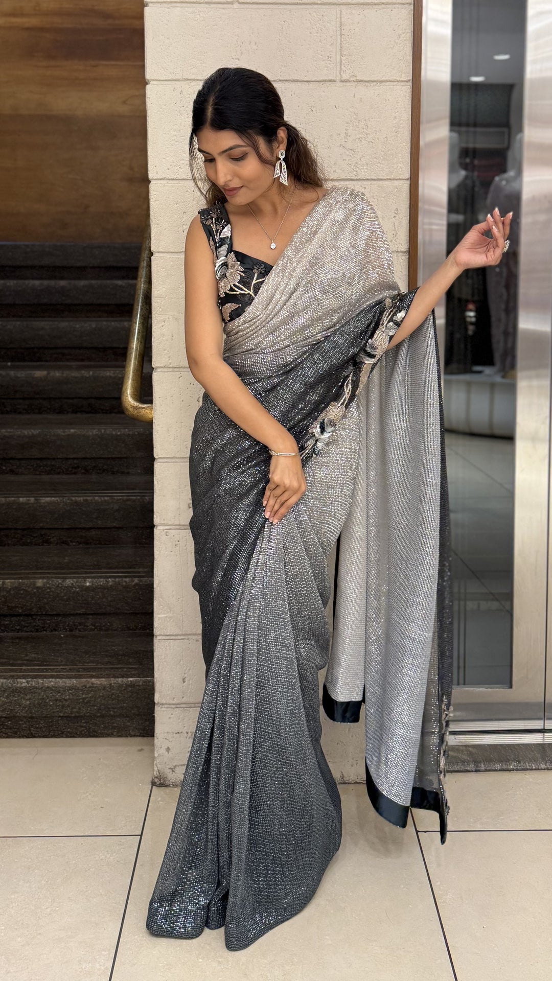 Black Ready-to-Wear Designer Saree with Silver Shimmer & Embellished Blouse