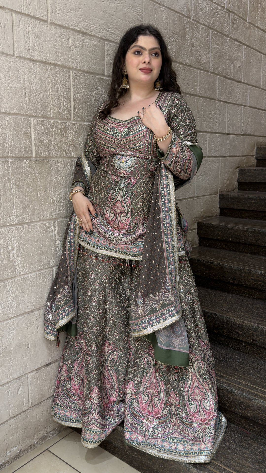 Olive Green Paisley Printed Lehenga Set with Dupatta