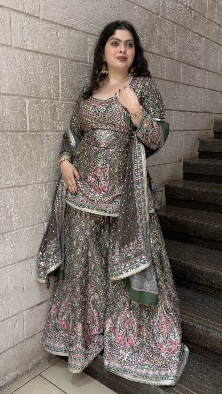 Olive Green Paisley Printed Lehenga Set with Dupatta