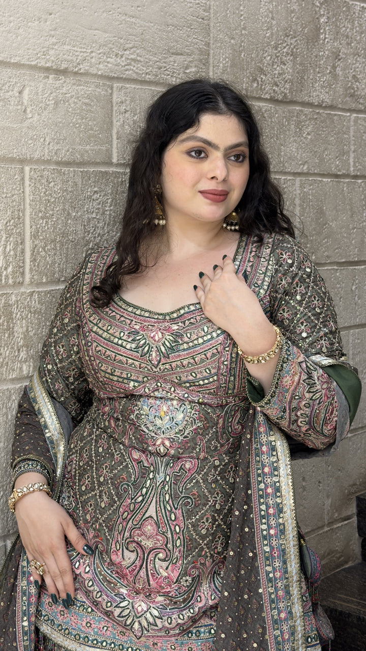 Olive Green Paisley Printed Lehenga Set with Dupatta