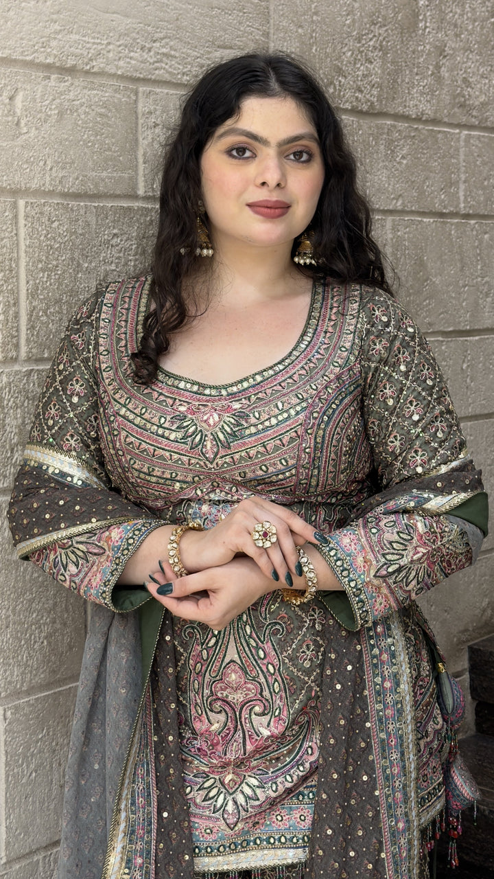 Olive Green Paisley Printed Lehenga Set with Dupatta