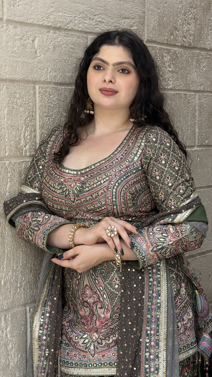 Olive Green Paisley Printed Lehenga Set with Dupatta