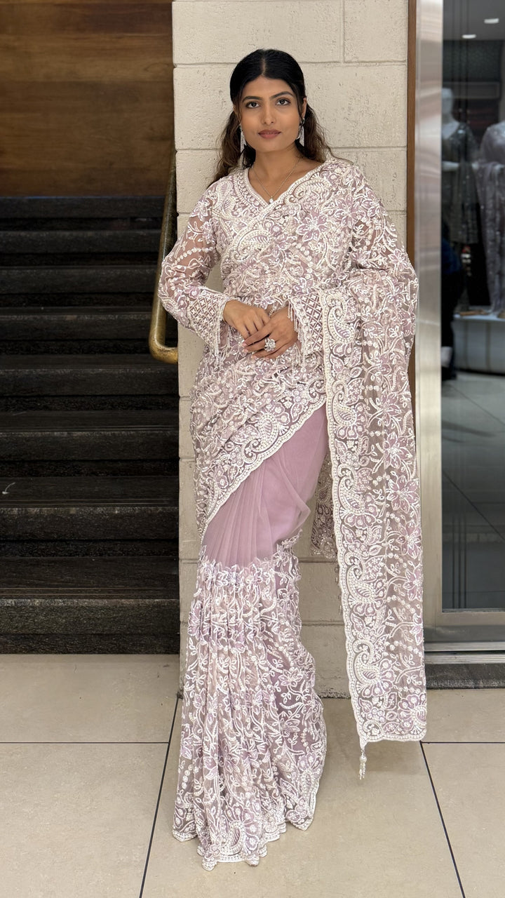 Traditional Soft Lavender Heavy Embroidered Designer Net Saree