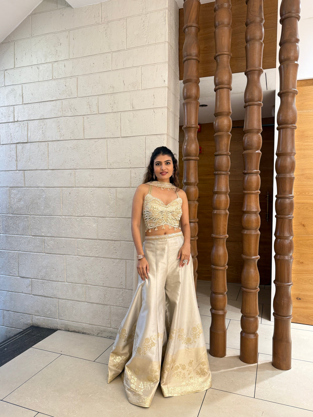 Ivory Gold Embroidered Corset Palazzo Set with Organza Cape Indo-Western Glam